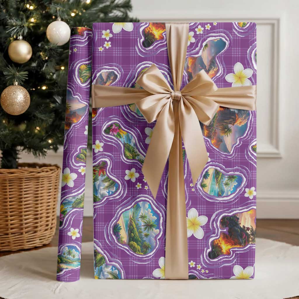 Hawaiian Island Shapes-Iconic Landscape Wrapping Paper with Plumeria and Palaka Purple Color LT03 - Polynesian Pride