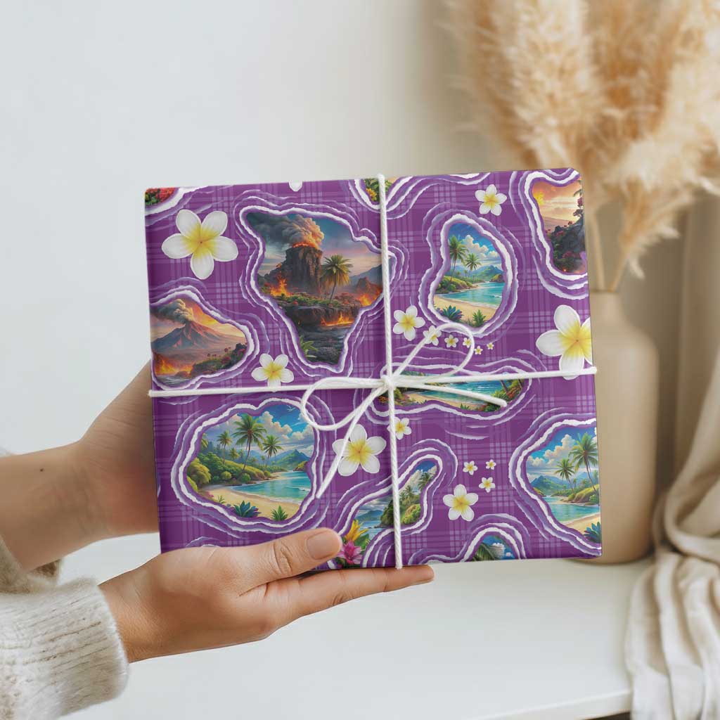 Hawaiian Island Shapes-Iconic Landscape Wrapping Paper with Plumeria and Palaka Purple Color LT03 - Polynesian Pride