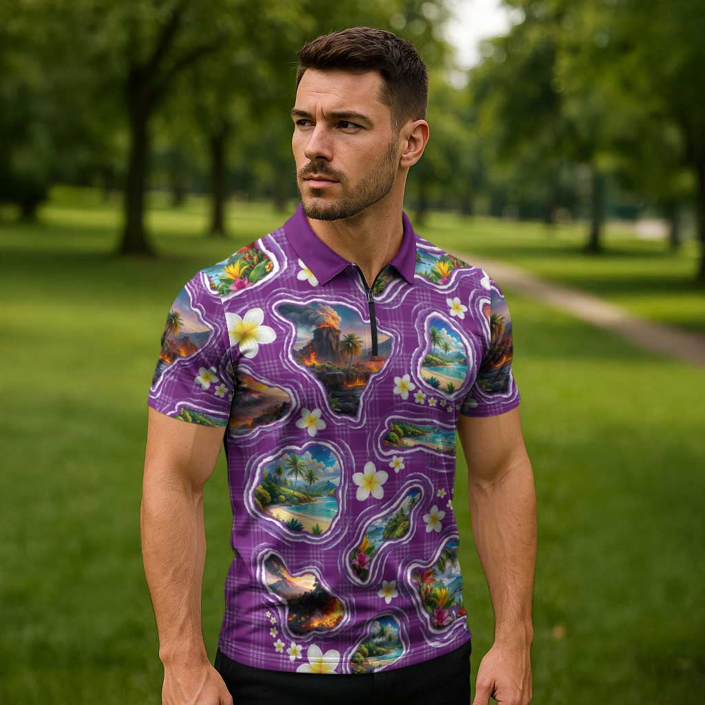 Hawaiian Island Shapes-Iconic Landscape Zipper Polo Shirt with Plumeria and Palaka Purple Color LT03 - Polynesian Pride