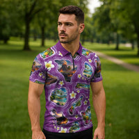 Hawaiian Island Shapes-Iconic Landscape Zipper Polo Shirt with Plumeria and Palaka Purple Color LT03 - Polynesian Pride