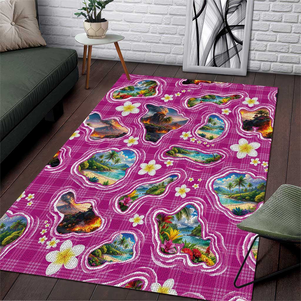 Hawaiian Island Shapes-Iconic Landscape Area Rug with Plumeria and Palaka Pink Color