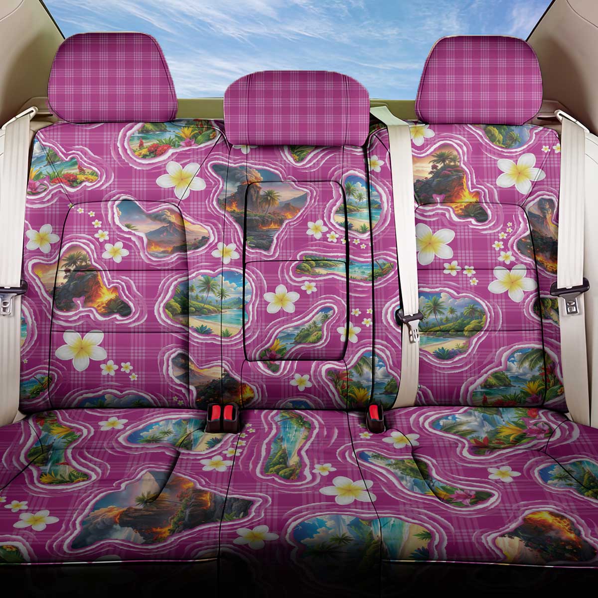 Hawaiian Island Shapes-Iconic Landscape Back Car Seat Cover with Plumeria and Palaka Pink Color
