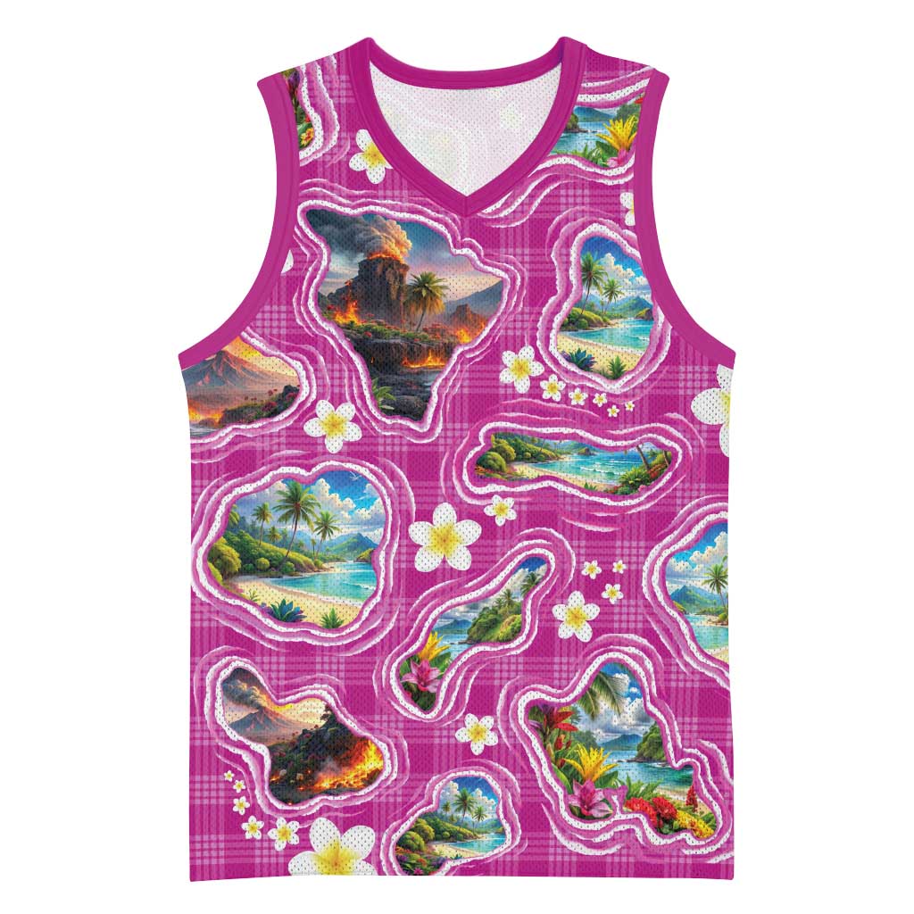Hawaiian Island Shapes-Iconic Landscape Basketball Jersey with Plumeria and Palaka Pink Color