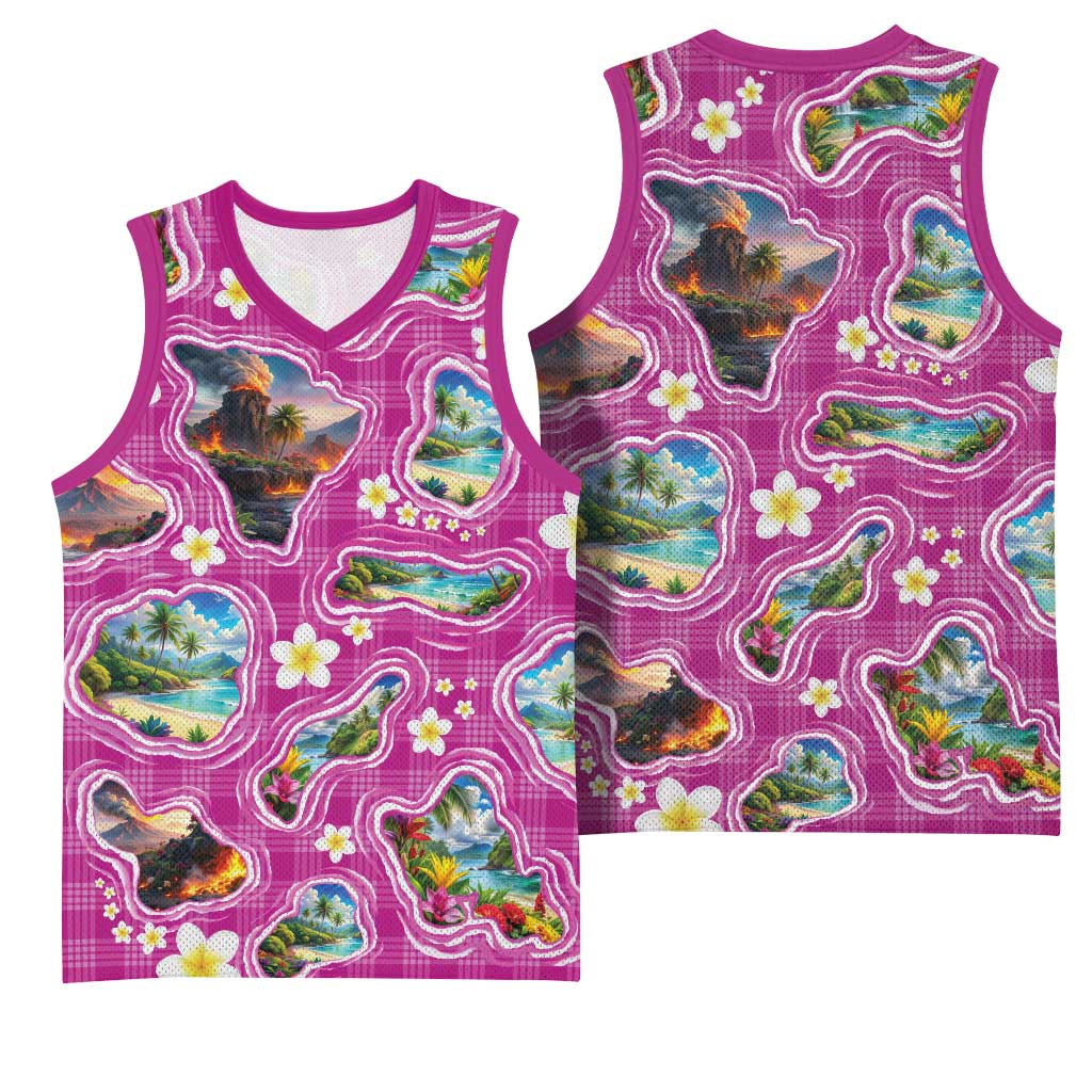Hawaiian Island Shapes-Iconic Landscape Basketball Jersey with Plumeria and Palaka Pink Color