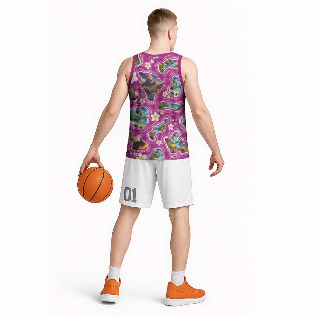 Hawaiian Island Shapes-Iconic Landscape Basketball Jersey with Plumeria and Palaka Pink Color