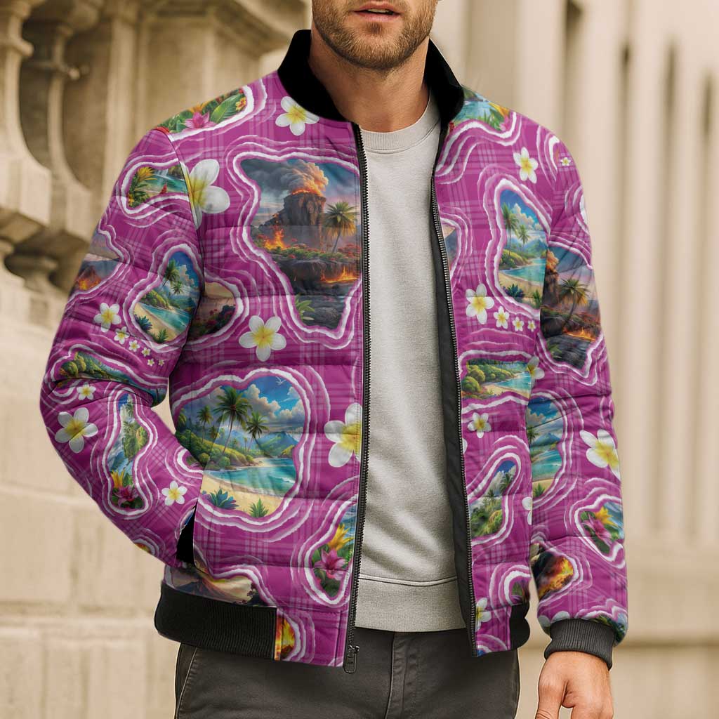 Hawaiian Island Shapes-Iconic Landscape Bomber Puffer Jacket with Plumeria and Palaka Pink Color