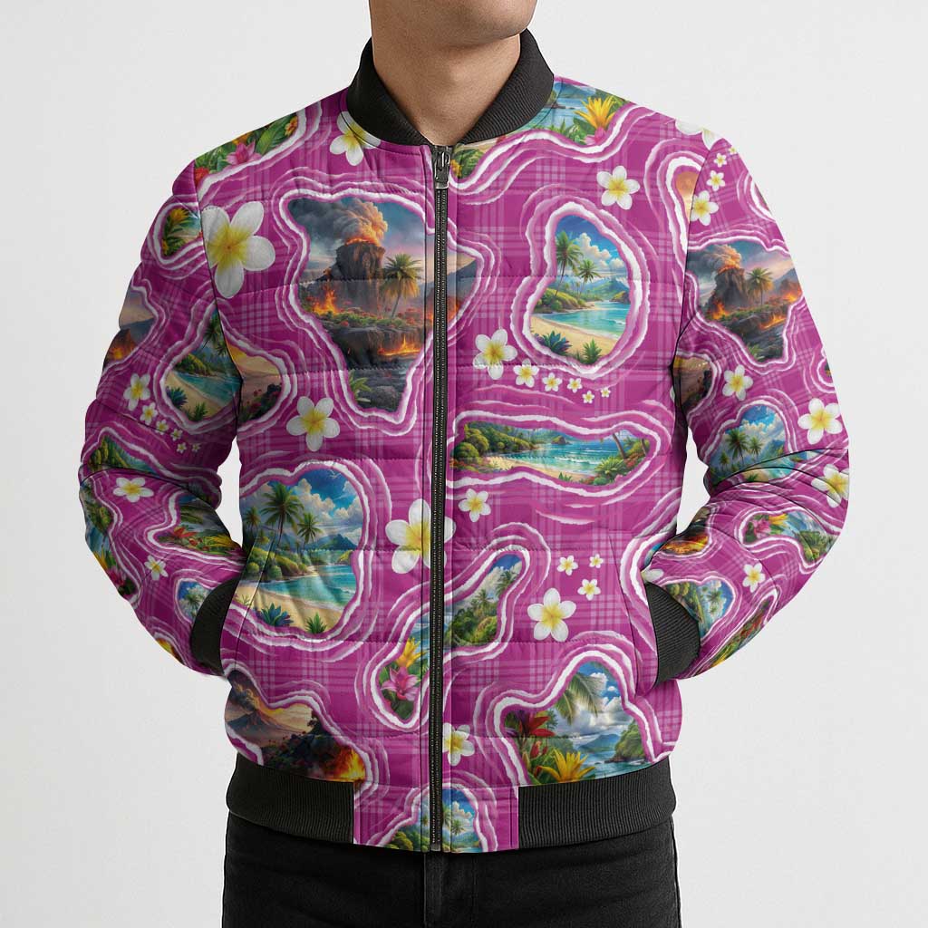 Hawaiian Island Shapes-Iconic Landscape Bomber Puffer Jacket with Plumeria and Palaka Pink Color