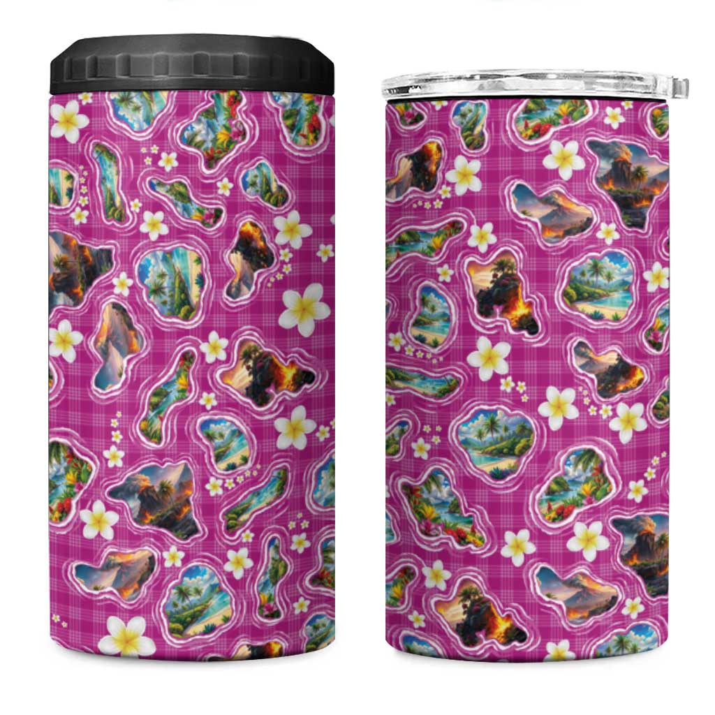 Hawaiian Island Shapes-Iconic Landscape 4 in 1 Can Cooler Tumbler with Plumeria and Palaka Pink Color