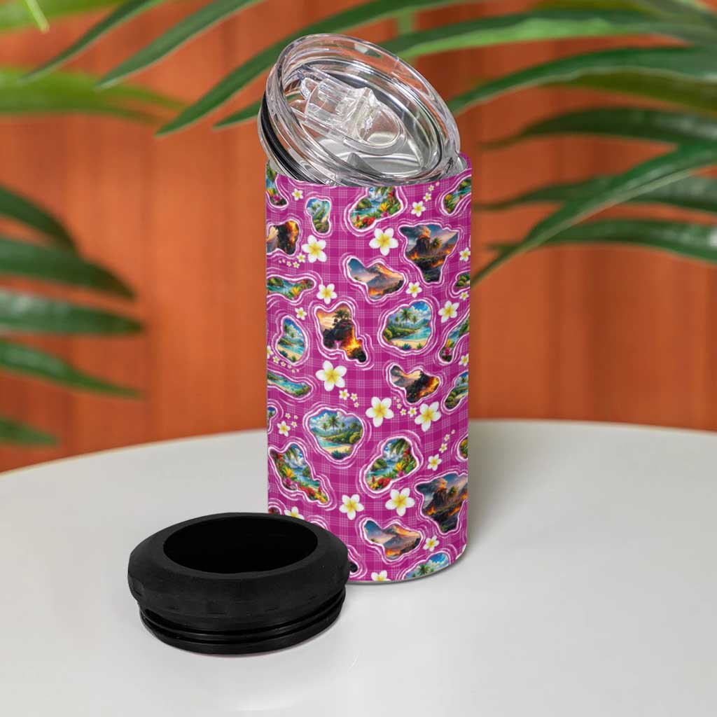 Hawaiian Island Shapes-Iconic Landscape 4 in 1 Can Cooler Tumbler with Plumeria and Palaka Pink Color