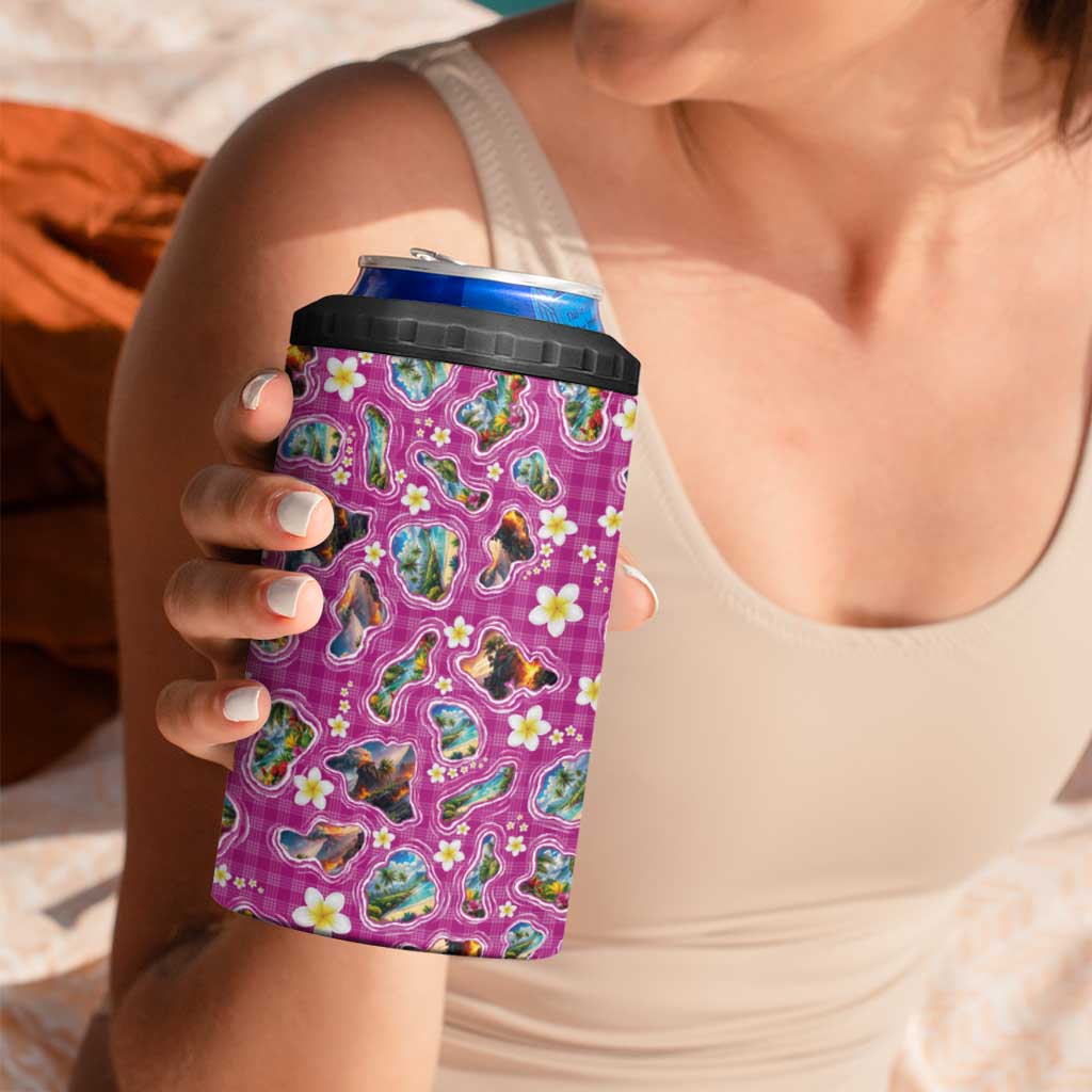 Hawaiian Island Shapes-Iconic Landscape 4 in 1 Can Cooler Tumbler with Plumeria and Palaka Pink Color