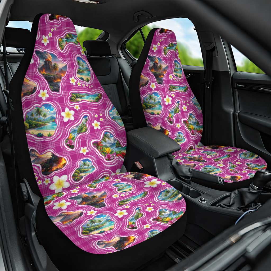Hawaiian Island Shapes-Iconic Landscape Car Seat Cover with Plumeria and Palaka Pink Color