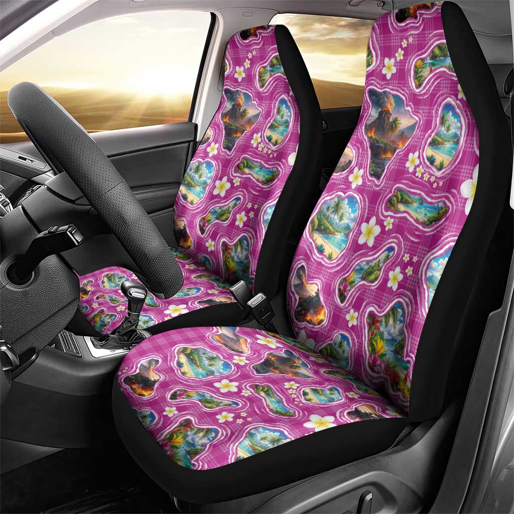 Hawaiian Island Shapes-Iconic Landscape Car Seat Cover with Plumeria and Palaka Pink Color