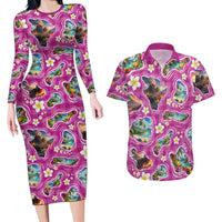 Hawaiian Island Shapes-Iconic Landscape Couples Matching Long Sleeve Bodycon Dress and Hawaiian Shirt with Plumeria and Palaka Pink Color