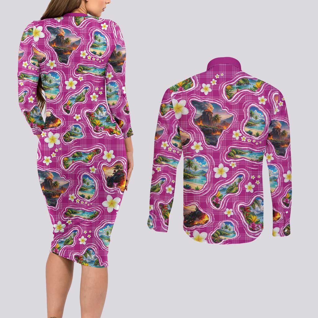 Hawaiian Island Shapes-Iconic Landscape Couples Matching Long Sleeve Bodycon Dress and Long Sleeve Button Shirt with Plumeria and Palaka Pink Color