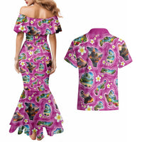 Hawaiian Island Shapes-Iconic Landscape Couples Matching Mermaid Dress and Hawaiian Shirt with Plumeria and Palaka Pink Color