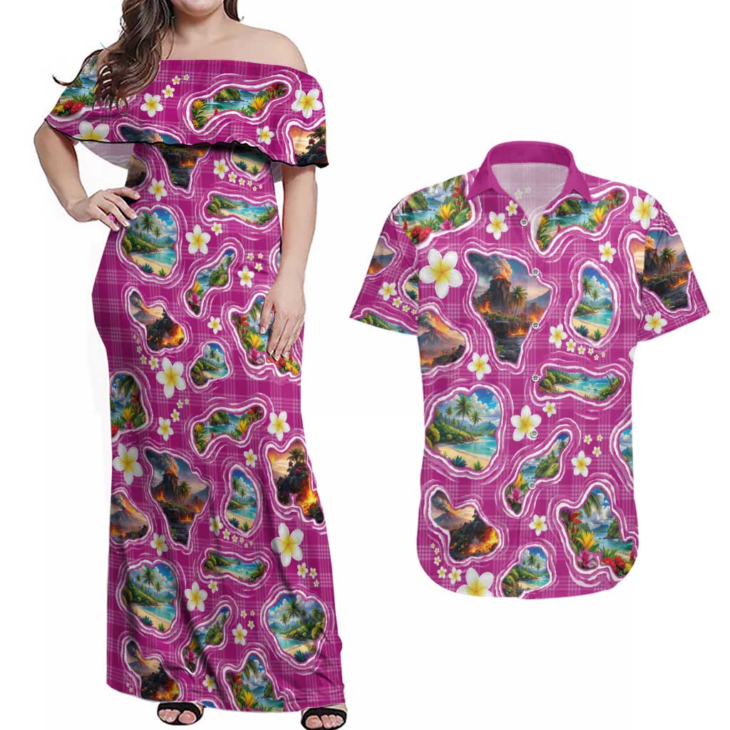 Hawaiian Island Shapes-Iconic Landscape Couples Matching Off Shoulder Maxi Dress and Hawaiian Shirt with Plumeria and Palaka Pink Color