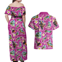 Hawaiian Island Shapes-Iconic Landscape Couples Matching Off Shoulder Maxi Dress and Hawaiian Shirt with Plumeria and Palaka Pink Color