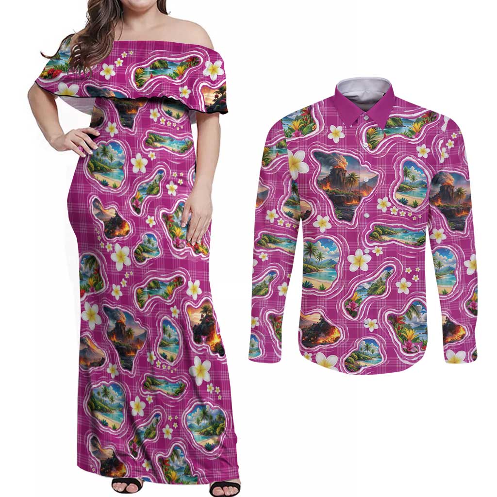 Hawaiian Island Shapes-Iconic Landscape Couples Matching Off Shoulder Maxi Dress and Long Sleeve Button Shirt with Plumeria and Palaka Pink Color
