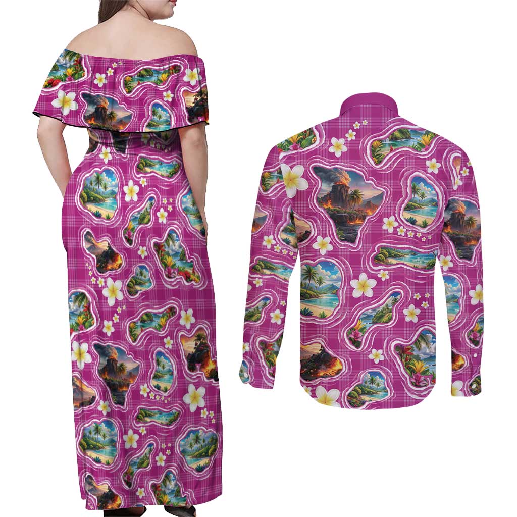 Hawaiian Island Shapes-Iconic Landscape Couples Matching Off Shoulder Maxi Dress and Long Sleeve Button Shirt with Plumeria and Palaka Pink Color