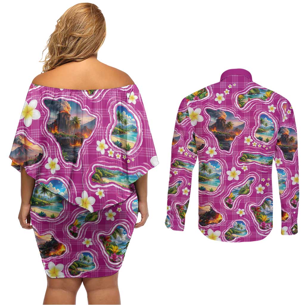 Hawaiian Island Shapes-Iconic Landscape Couples Matching Off Shoulder Short Dress and Long Sleeve Button Shirt with Plumeria and Palaka Pink Color