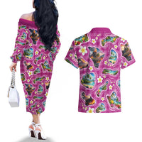 Hawaiian Island Shapes-Iconic Landscape Couples Matching Off The Shoulder Long Sleeve Dress and Hawaiian Shirt with Plumeria and Palaka Pink Color