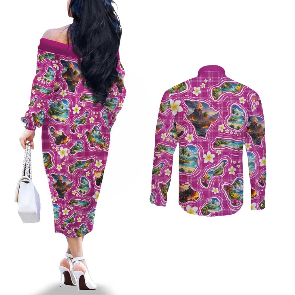 Hawaiian Island Shapes-Iconic Landscape Couples Matching Off The Shoulder Long Sleeve Dress and Long Sleeve Button Shirt with Plumeria and Palaka Pink Color