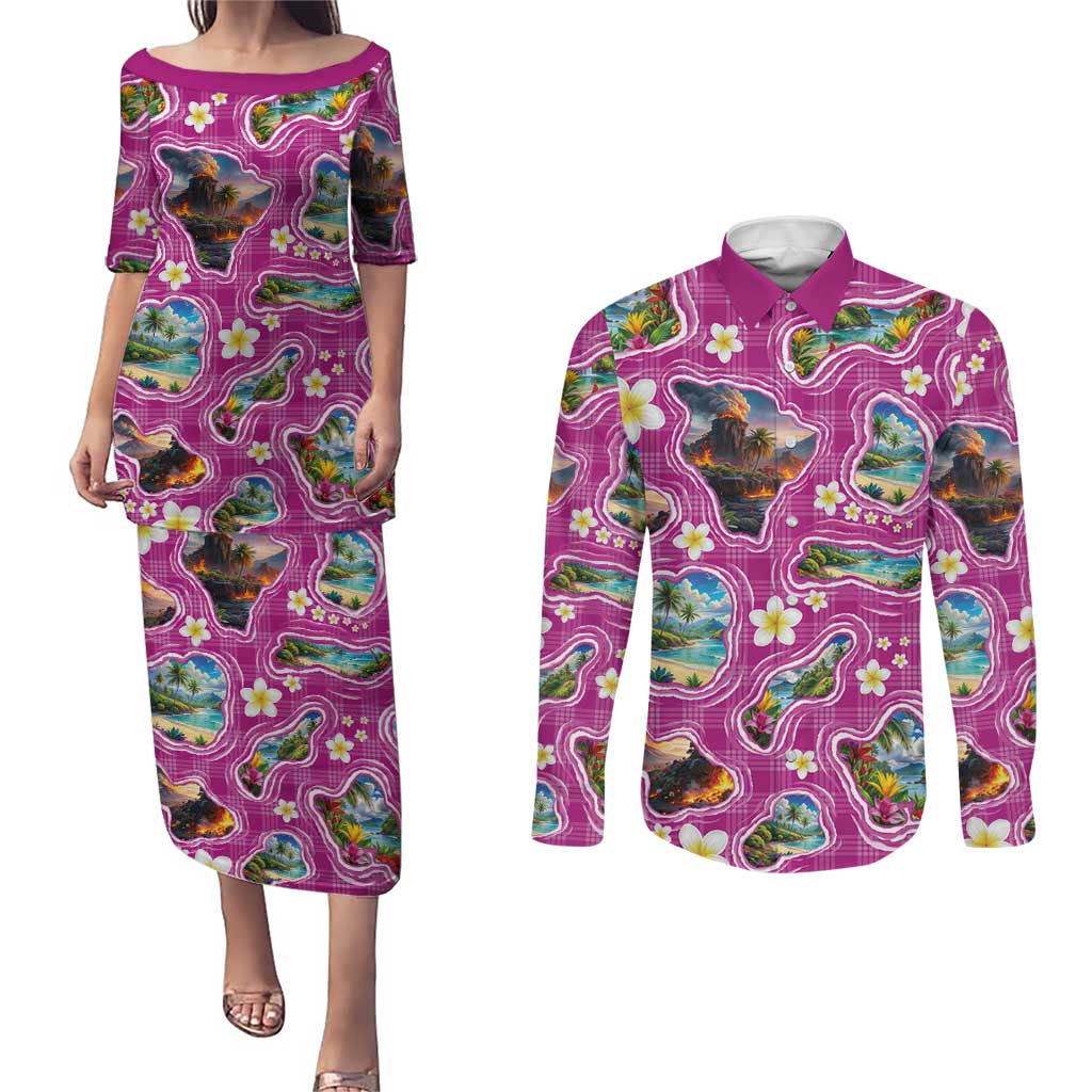 Hawaiian Island Shapes-Iconic Landscape Couples Matching Puletasi and Long Sleeve Button Shirt with Plumeria and Palaka Pink Color