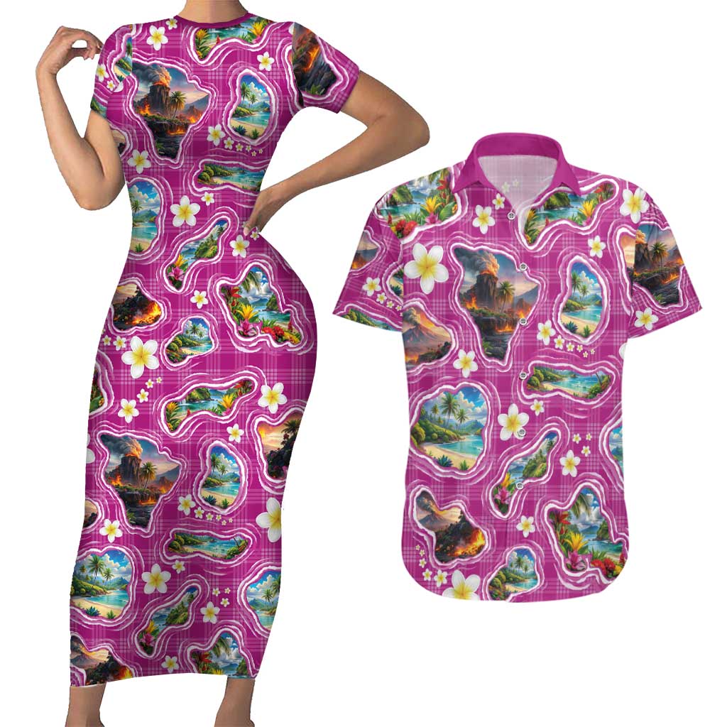 Hawaiian Island Shapes-Iconic Landscape Couples Matching Short Sleeve Bodycon Dress and Hawaiian Shirt with Plumeria and Palaka Pink Color LT03 Pink - Polynesian Pride
