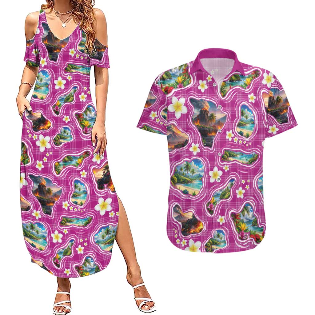 Hawaiian Island Shapes-Iconic Landscape Couples Matching Summer Maxi Dress and Hawaiian Shirt with Plumeria and Palaka Pink Color