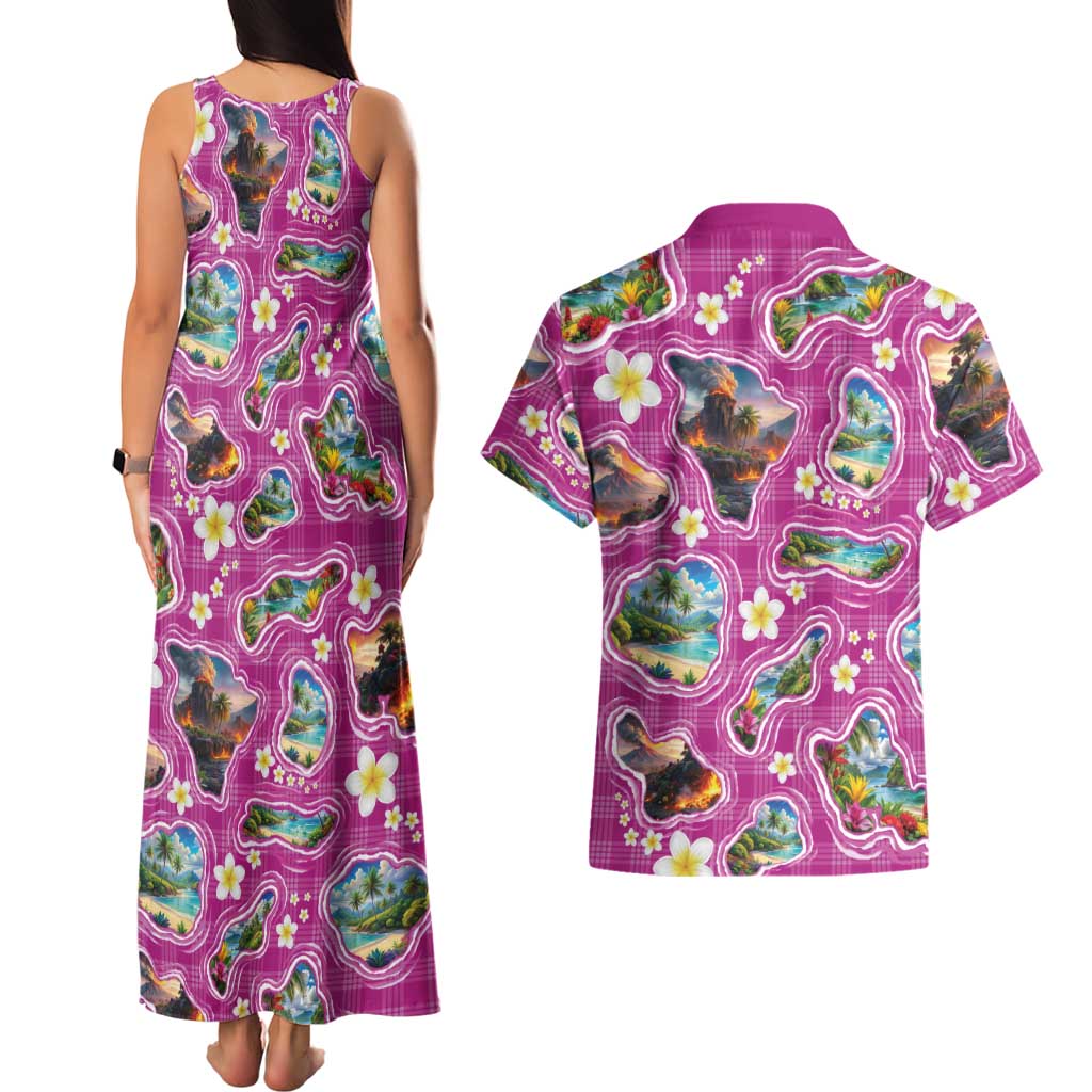 Hawaiian Island Shapes-Iconic Landscape Couples Matching Tank Maxi Dress and Hawaiian Shirt with Plumeria and Palaka Pink Color