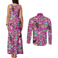 Hawaiian Island Shapes-Iconic Landscape Couples Matching Tank Maxi Dress and Long Sleeve Button Shirt with Plumeria and Palaka Pink Color