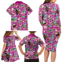 Hawaiian Island Shapes-Iconic Landscape Family Matching Long Sleeve Bodycon Dress and Hawaiian Shirt with Plumeria and Palaka Pink Color
