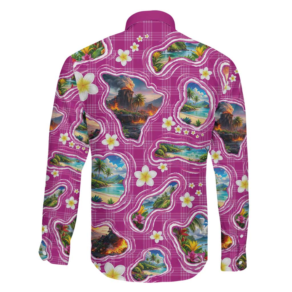 Hawaiian Island Shapes-Iconic Landscape Family Matching Long Sleeve Bodycon Dress and Hawaiian Shirt with Plumeria and Palaka Pink Color