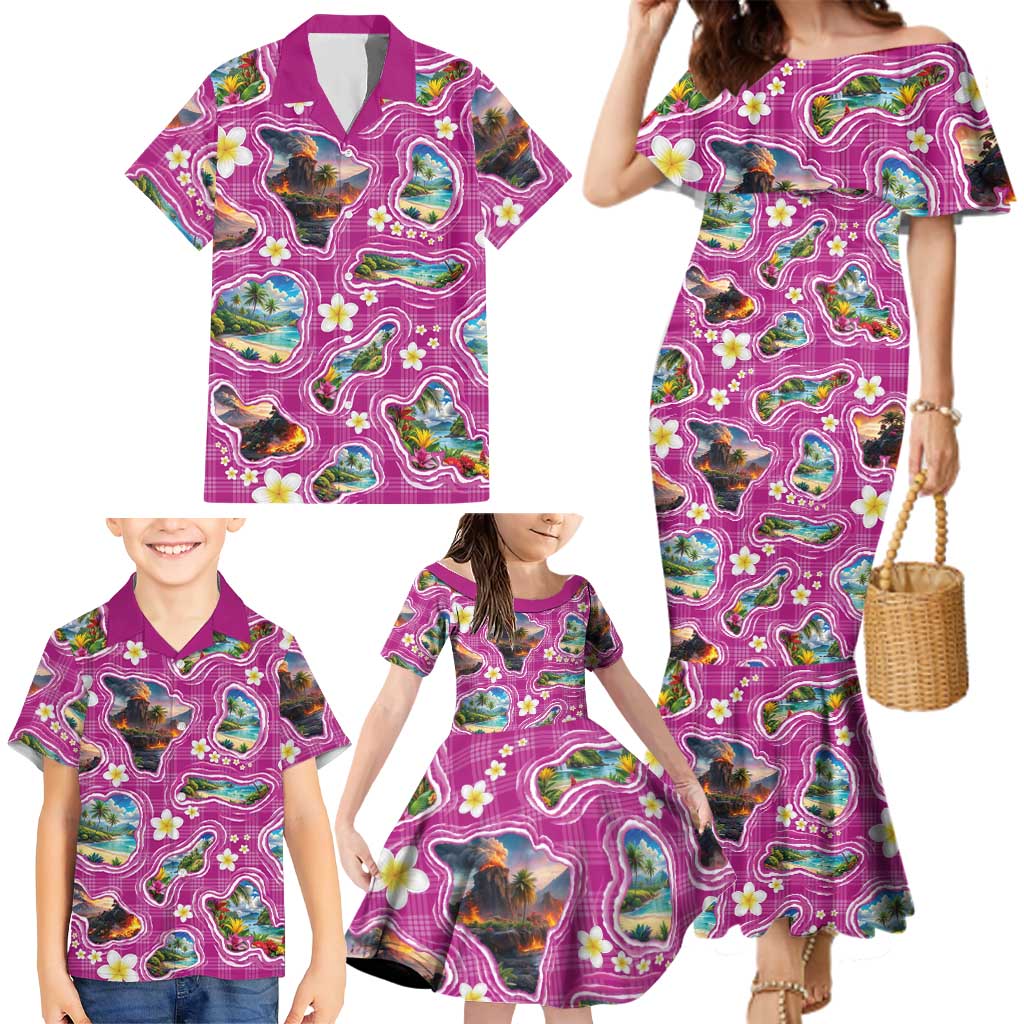 Hawaiian Island Shapes-Iconic Landscape Family Matching Mermaid Dress and Hawaiian Shirt with Plumeria and Palaka Pink Color