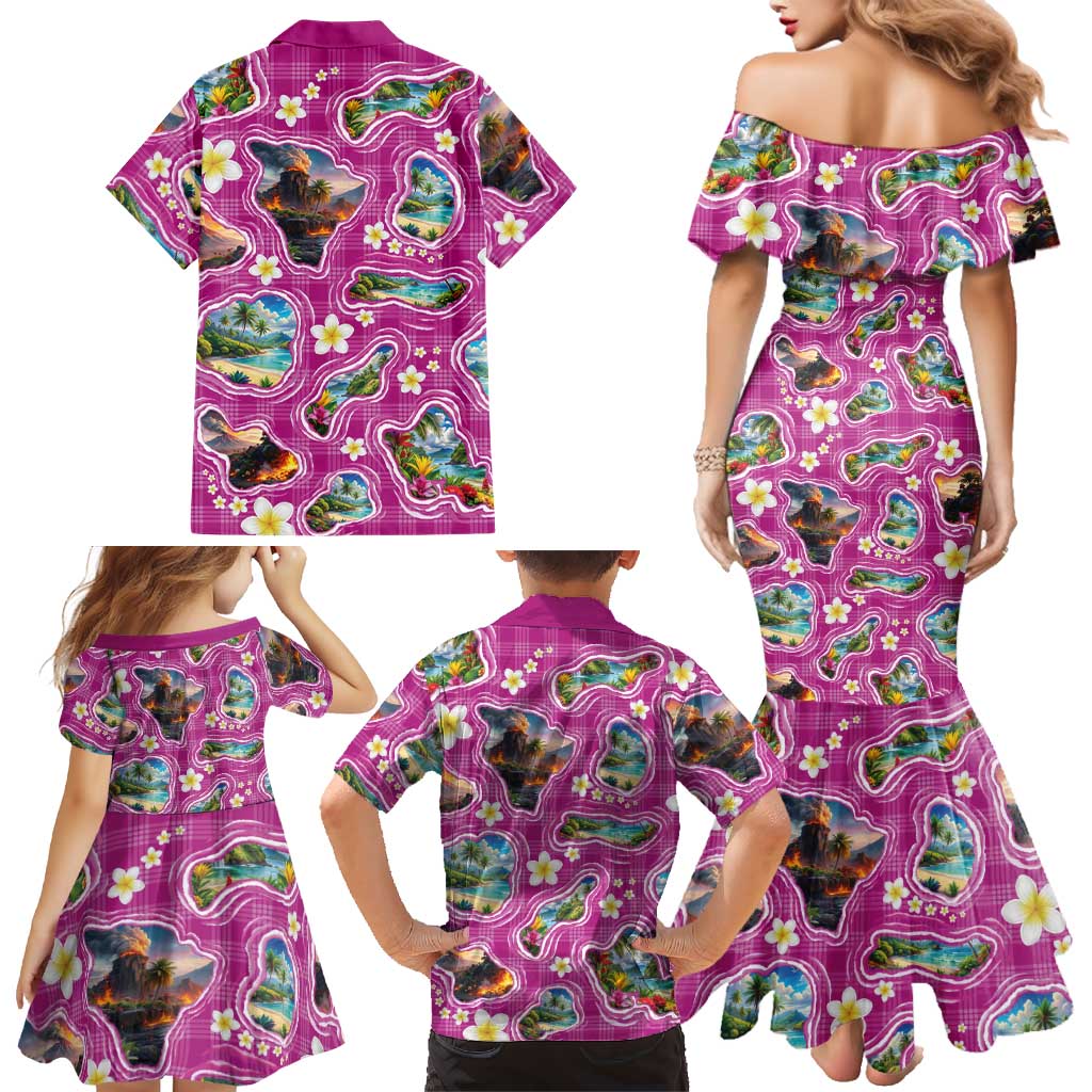 Hawaiian Island Shapes-Iconic Landscape Family Matching Mermaid Dress and Hawaiian Shirt with Plumeria and Palaka Pink Color