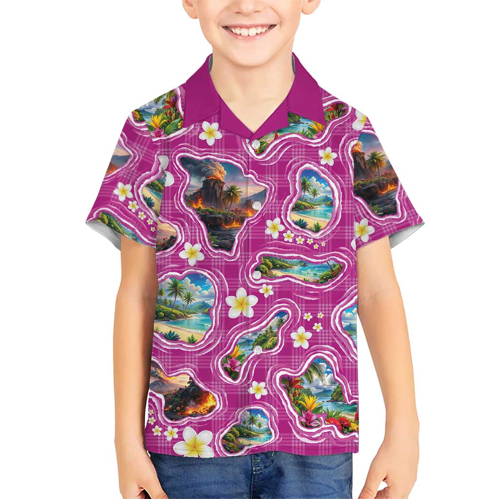 Hawaiian Island Shapes-Iconic Landscape Family Matching Mermaid Dress and Hawaiian Shirt with Plumeria and Palaka Pink Color