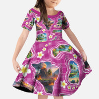 Hawaiian Island Shapes-Iconic Landscape Family Matching Off Shoulder Maxi Dress and Hawaiian Shirt with Plumeria and Palaka Pink Color