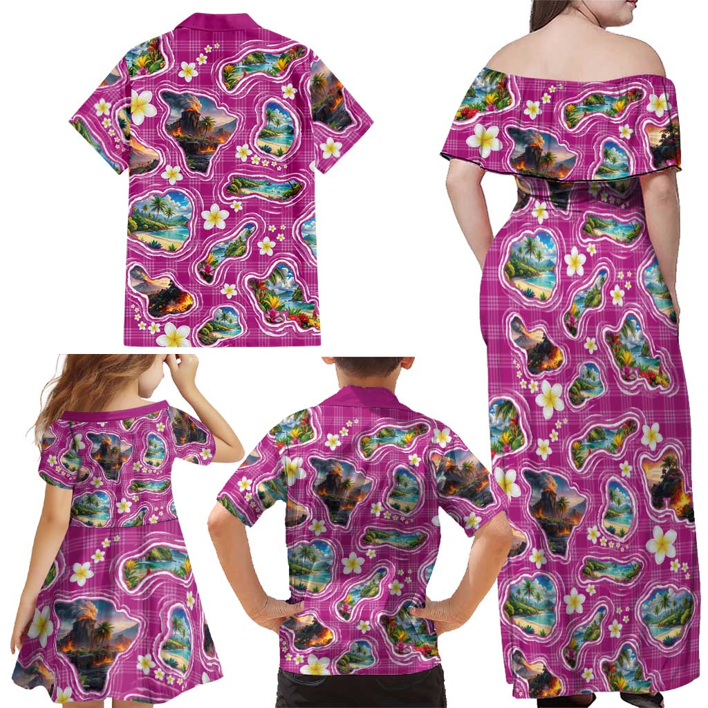 Hawaiian Island Shapes-Iconic Landscape Family Matching Off Shoulder Maxi Dress and Hawaiian Shirt with Plumeria and Palaka Pink Color
