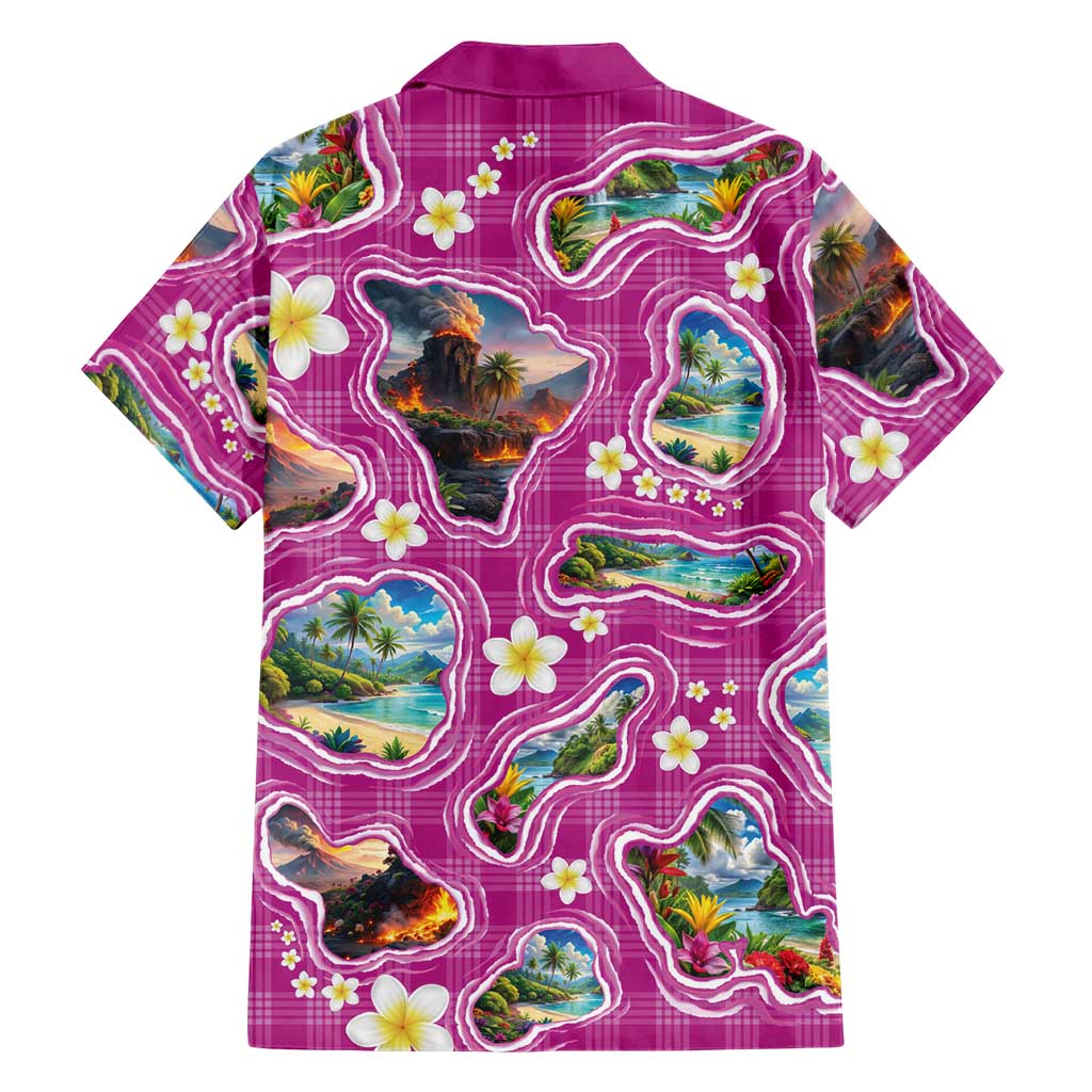 Hawaiian Island Shapes-Iconic Landscape Family Matching Off Shoulder Maxi Dress and Hawaiian Shirt with Plumeria and Palaka Pink Color