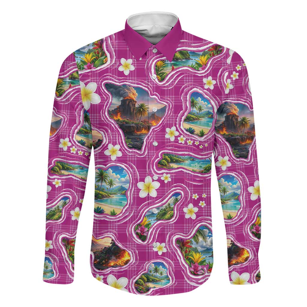 Hawaiian Island Shapes-Iconic Landscape Family Matching Off Shoulder Maxi Dress and Hawaiian Shirt with Plumeria and Palaka Pink Color