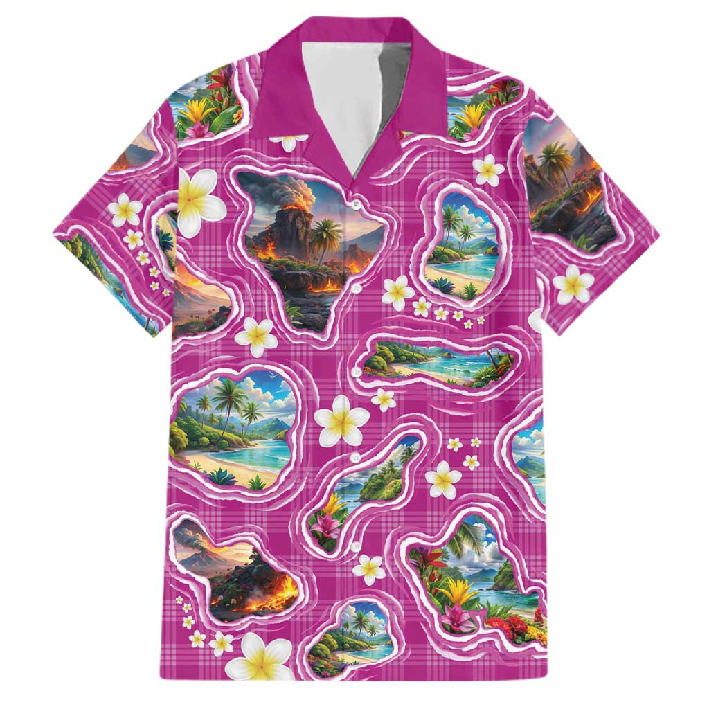 Hawaiian Island Shapes-Iconic Landscape Family Matching Off Shoulder Short Dress and Hawaiian Shirt with Plumeria and Palaka Pink Color
