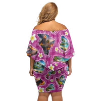Hawaiian Island Shapes-Iconic Landscape Family Matching Off Shoulder Short Dress and Hawaiian Shirt with Plumeria and Palaka Pink Color