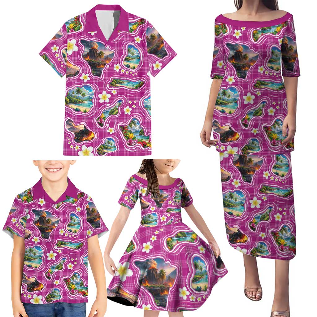 Hawaiian Island Shapes-Iconic Landscape Family Matching Puletasi and Hawaiian Shirt with Plumeria and Palaka Pink Color LT03 - Polynesian Pride