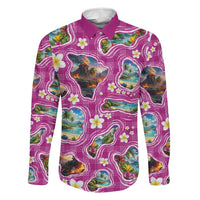 Hawaiian Island Shapes-Iconic Landscape Family Matching Puletasi and Hawaiian Shirt with Plumeria and Palaka Pink Color