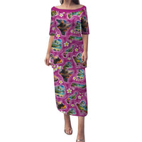 Hawaiian Island Shapes-Iconic Landscape Family Matching Puletasi and Hawaiian Shirt with Plumeria and Palaka Pink Color