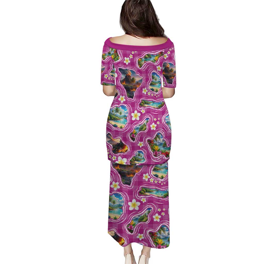 Hawaiian Island Shapes-Iconic Landscape Family Matching Puletasi and Hawaiian Shirt with Plumeria and Palaka Pink Color