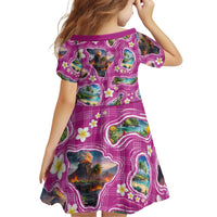 Hawaiian Island Shapes-Iconic Landscape Family Matching Short Sleeve Bodycon Dress and Hawaiian Shirt with Plumeria and Palaka Pink Color