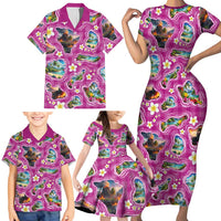 Hawaiian Island Shapes-Iconic Landscape Family Matching Short Sleeve Bodycon Dress and Hawaiian Shirt with Plumeria and Palaka Pink Color