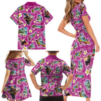 Hawaiian Island Shapes-Iconic Landscape Family Matching Short Sleeve Bodycon Dress and Hawaiian Shirt with Plumeria and Palaka Pink Color