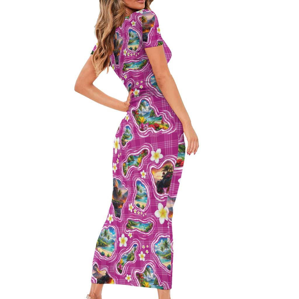 Hawaiian Island Shapes-Iconic Landscape Family Matching Short Sleeve Bodycon Dress and Hawaiian Shirt with Plumeria and Palaka Pink Color